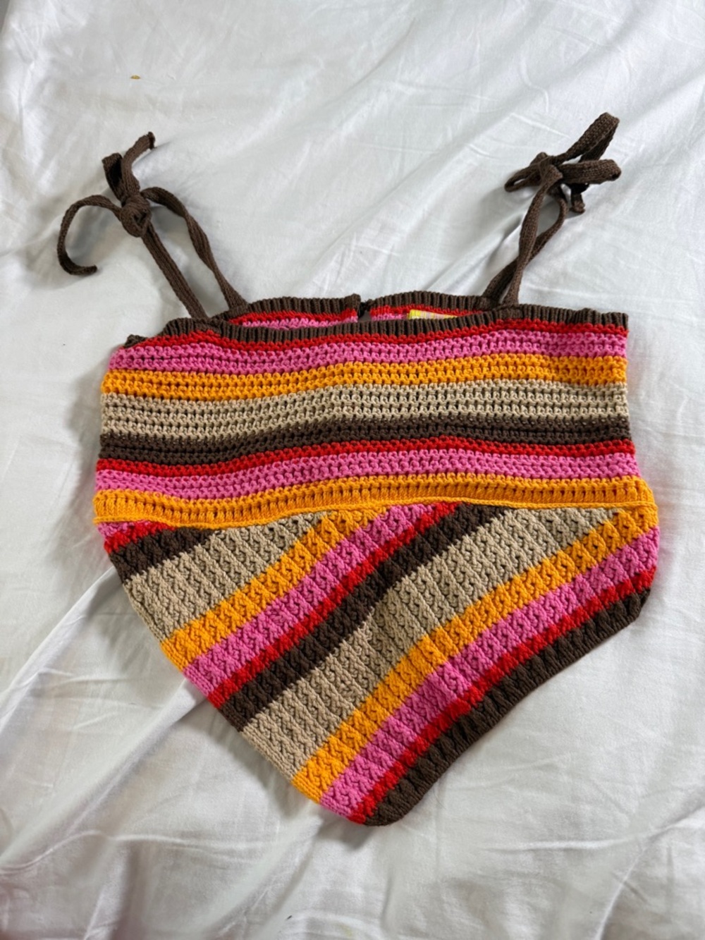 Urban Outfitters Crocheted Stripe Tie-Shoulder Crop Top — Brown, Pink & Yellow